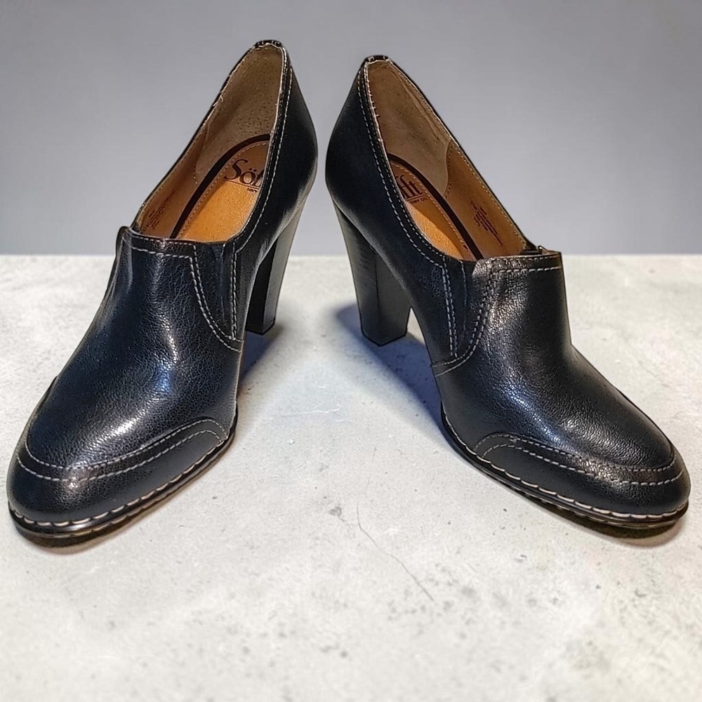 Sofft Leather Heeled Pumps Shooties 8.5M Women Black Contrast Stitch Block 3.5"